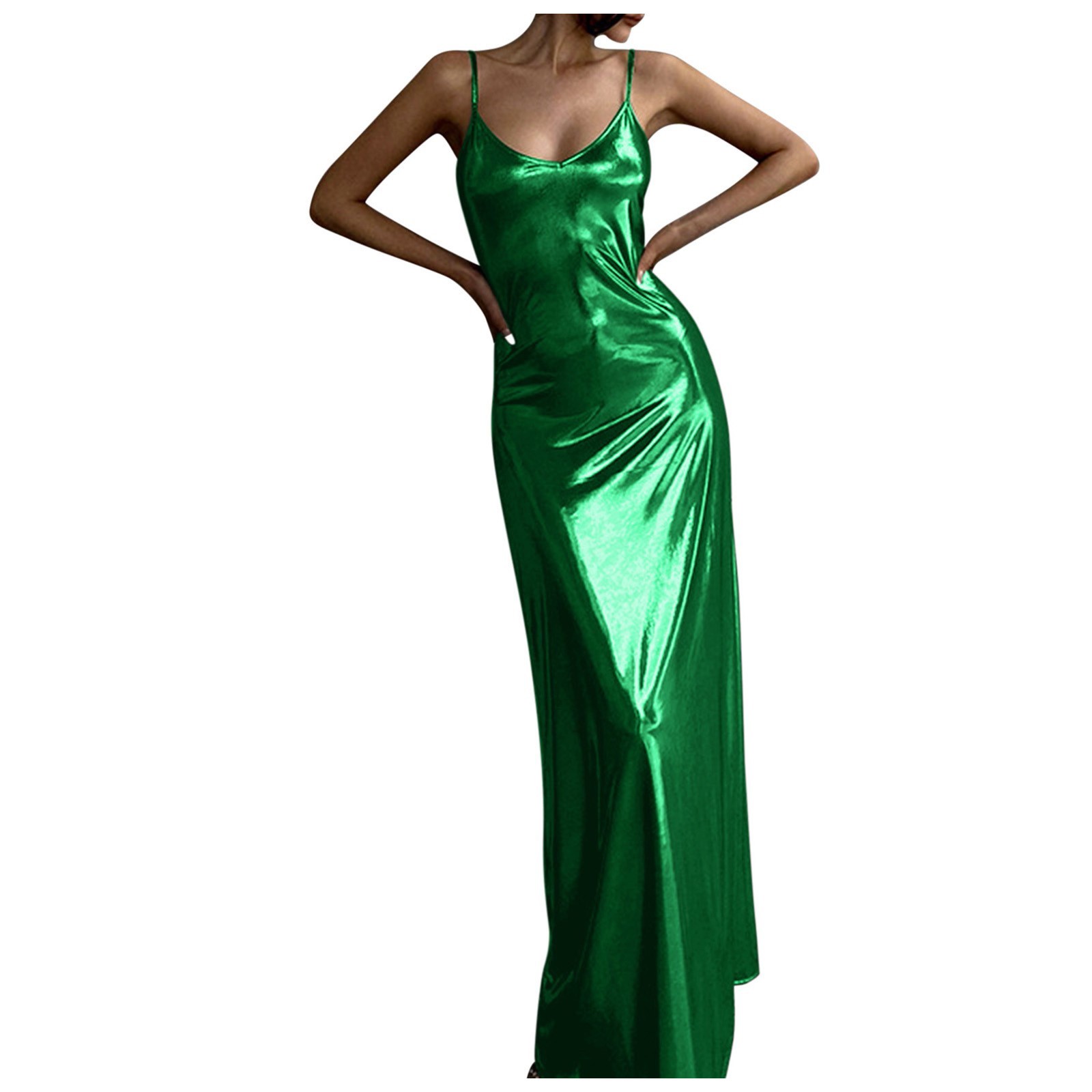 thumbnail image 1 of Vestido metálico con tirantes finos para mujer: vestido sexy ajustado con escote en V, vestido de fiesta para salir por la noche, 1 of 3